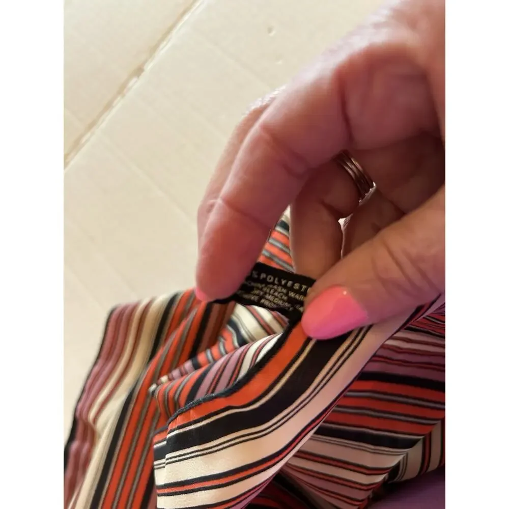 Vtg Symphony Striped‎ 20” Square Scarf Black Tan Red Rolled Hem MCM 1960s USA